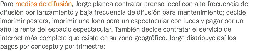 Para medios de difusión, Jorge planea contratar prensa local con alta frecuencia de difusión por lanzamiento y baja frecuencia de difusión para mantenimiento; decide imprimir posters, imprimir una lona para un espectacular con luces y pagar por un año la renta del espacio espectacular. También decide contratar el servicio de internet más completo que existe en su zona geográfica. Jorge distribuye así los pagos por concepto y por trimestre: