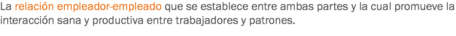 La relación empleador-empleado que se establece entre ambas partes y la cual promueve la interacción sana y productiva entre trabajadores y patrones.
