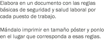 Elabora en un documento con las reglas básicas de seguridad y salud laboral por cada puesto de trabajo. Mándalo imprimir en tamaño póster y ponlo en el lugar que corresponda a esas reglas.
