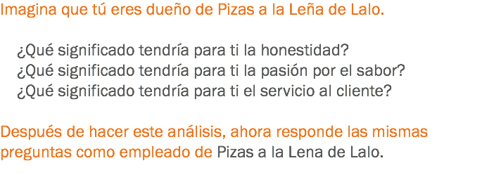 Imagina que tú eres dueño de Pizas a la Leña de Lalo. ¿Qué significado tendría para ti la honestidad? ¿Qué significado tendría para ti la pasión por el sabor? ¿Qué significado tendría para ti el servicio al cliente? Después de hacer este análisis, ahora responde las mismas preguntas como empleado de Pizas a la Lena de Lalo.
