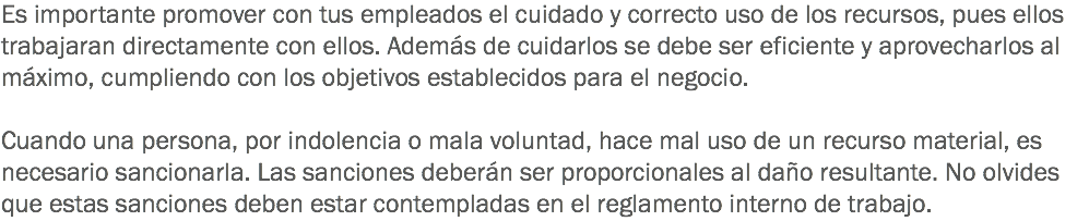 Es importante promover con tus empleados el cuidado y correcto uso de los recursos, pues ellos trabajaran directamente con ellos. Además de cuidarlos se debe ser eficiente y aprovecharlos al máximo, cumpliendo con los objetivos establecidos para el negocio. Cuando una persona, por indolencia o mala voluntad, hace mal uso de un recurso material, es necesario sancionarla. Las sanciones deberán ser proporcionales al daño resultante. No olvides que estas sanciones deben estar contempladas en el reglamento interno de trabajo.