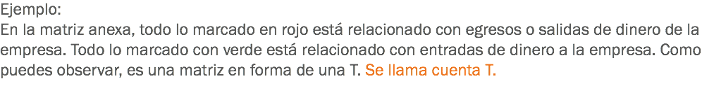 Ejemplo: En la matriz anexa, todo lo marcado en rojo está relacionado con egresos o salidas de dinero de la empresa. Todo lo marcado con verde está relacionado con entradas de dinero a la empresa. Como puedes observar, es una matriz en forma de una T. Se llama cuenta T.
