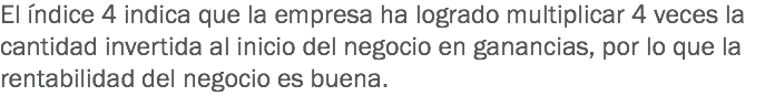 El índice 4 indica que la empresa ha logrado multiplicar 4 veces la cantidad invertida al inicio del negocio en ganancias, por lo que la rentabilidad del negocio es buena.