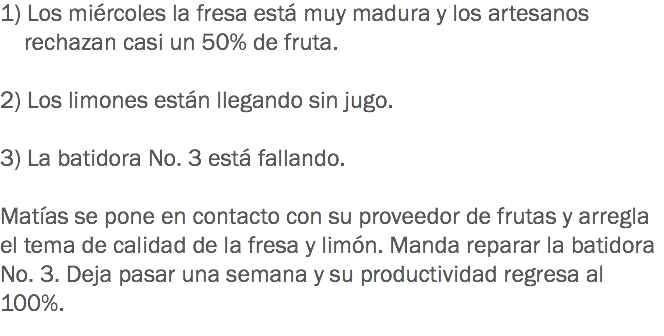 1) Los miércoles la fresa está muy madura y los artesanos rechazan casi un 50% de fruta. 2) Los limones están llegando sin jugo. 3) La batidora No. 3 está fallando. Matías se pone en contacto con su proveedor de frutas y arregla el tema de calidad de la fresa y limón. Manda reparar la batidora No. 3. Deja pasar una semana y su productividad regresa al 100%.
