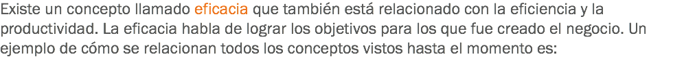 Existe un concepto llamado eficacia que también está relacionado con la eficiencia y la productividad. La eficacia habla de lograr los objetivos para los que fue creado el negocio. Un ejemplo de cómo se relacionan todos los conceptos vistos hasta el momento es: