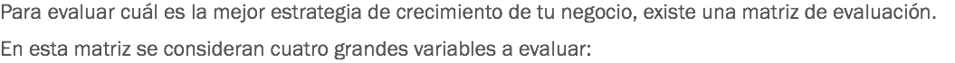 Para evaluar cuál es la mejor estrategia de crecimiento de tu negocio, existe una matriz de evaluación. En esta matriz se consideran cuatro grandes variables a evaluar: