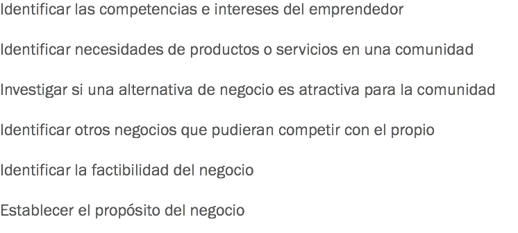 Identificar las competencias e intereses del emprendedor Identificar necesidades de productos o servicios en una comunidad Investigar si una alternativa de negocio es atractiva para la comunidad Identificar otros negocios que pudieran competir con el propio Identificar la factibilidad del negocio Establecer el propósito del negocio
