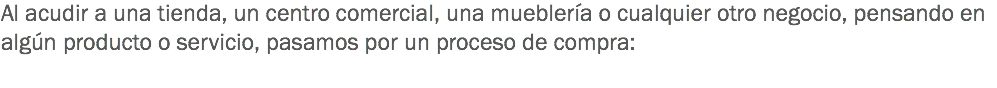 Al acudir a una tienda, un centro comercial, una mueblería o cualquier otro negocio, pensando en algún producto o servicio, pasamos por un proceso de compra: