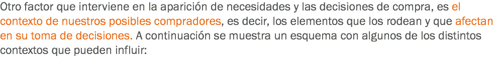 Otro factor que interviene en la aparición de necesidades y las decisiones de compra, es el contexto de nuestros posibles compradores, es decir, los elementos que los rodean y que afectan en su toma de decisiones. A continuación se muestra un esquema con algunos de los distintos contextos que pueden influir: