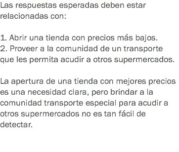 Las respuestas esperadas deben estar relacionadas con: 1. Abrir una tienda con precios más bajos.
2. Proveer a la comunidad de un transporte que les permita acudir a otros supermercados. La apertura de una tienda con mejores precios es una necesidad clara, pero brindar a la comunidad transporte especial para acudir a otros supermercados no es tan fácil de detectar. 