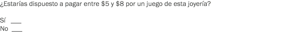 ¿Estarías dispuesto a pagar entre $5 y $8 por un juego de esta joyería? Sí ___ No ___
