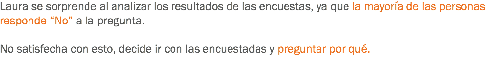 Laura se sorprende al analizar los resultados de las encuestas, ya que la mayoría de las personas responde “No” a la pregunta. No satisfecha con esto, decide ir con las encuestadas y preguntar por qué.
