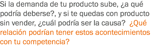 Si la demanda de tu producto sube, ¿a qué podría deberse?, y si te quedas con producto sin vender, ¿cuál podría ser la causa? ¿Qué relación podrían tener estos acontecimientos con tu competencia?