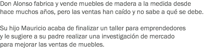 Don Alonso fabrica y vende muebles de madera a la medida desde hace muchos años, pero las ventas han caído y no sabe a qué se debe. Su hijo Mauricio acaba de finalizar un taller para emprendedores y le sugiere a su padre realizar una investigación de mercado para mejorar las ventas de muebles.