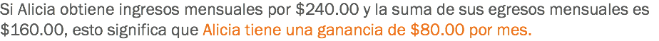 Si Alicia obtiene ingresos mensuales por $240.00 y la suma de sus egresos mensuales es $160.00, esto significa que Alicia tiene una ganancia de $80.00 por mes.