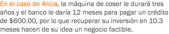 En el caso de Alicia, la máquina de coser le durará tres años y el banco le daría 12 meses para pagar un crédito de $600.00, por lo que recuperar su inversión en 10.3 meses hacen de su idea un negocio factible.