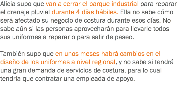 Alicia supo que van a cerrar el parque industrial para reparar el drenaje pluvial durante 4 días hábiles. Ella no sabe cómo será afectado su negocio de costura durante esos días. No sabe aún si las personas aprovecharán para llevarle todos sus uniformes a reparar o para salir de paseo. También supo que en unos meses habrá cambios en el diseño de los uniformes a nivel regional, y no sabe si tendrá una gran demanda de servicios de costura, para lo cual tendría que contratar una empleada de apoyo.
