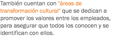 También cuentan con "áreas de transformación cultural" que se dedican a promover los valores entre los empleados, para asegurar que todos los conocen y se identifican con ellos.