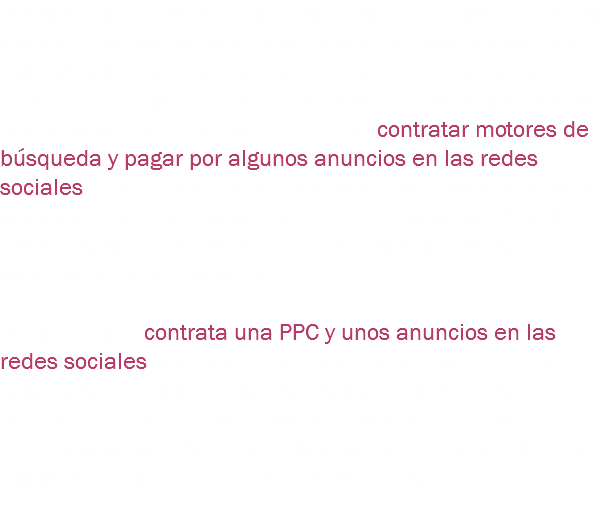 Cuando Pablo lleva ya trabajando unos días logra hacer una reservación contestando unas dudas de unos huéspedes, logró vender por redes sociales y eso emociona a Javier. Pocos días después, Pablo le comenta a Javier que deben dar un paso más adelante y es el de contratar motores de búsqueda y pagar por algunos anuncios en las redes sociales. Pablo consideraba que había que invertir un poco para ver más resultados. Javier cree conveniente hacer la inversión, no es mucho y se puede tener una gran oportunidad para avanzar. Así que Pablo contrata una PPC y unos anuncios en las redes sociales para ver cómo funcionan. En poco tiempo se dan cuenta de que están funcionando, mucha gente comienza a dar clic en el link de la página y están interesados en el hotel, ya tienen posibles huéspedes en tan poco tiempo de utilizar las herramientas.
