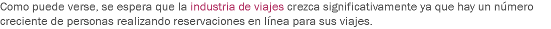 Como puede verse, se espera que la industria de viajes crezca significativamente ya que hay un número creciente de personas realizando reservaciones en línea para sus viajes.
