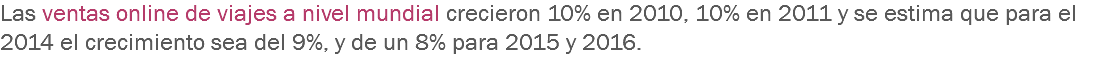Las ventas online de viajes a nivel mundial crecieron 10% en 2010, 10% en 2011 y se estima que para el 2014 el crecimiento sea del 9%, y de un 8% para 2015 y 2016.
