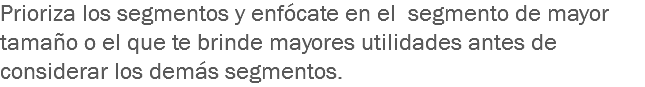 Prioriza los segmentos y enfócate en el segmento de mayor tamaño o el que te brinde mayores utilidades antes de considerar los demás segmentos.