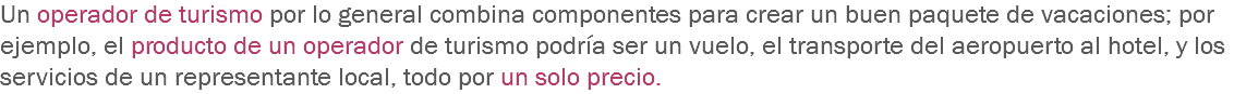 Un operador de turismo por lo general combina componentes para crear un buen paquete de vacaciones; por ejemplo, el producto de un operador de turismo podría ser un vuelo, el transporte del aeropuerto al hotel, y los servicios de un representante local, todo por un solo precio. 