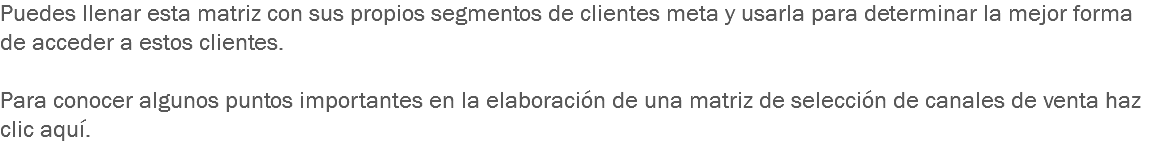 Puedes llenar esta matriz con sus propios segmentos de clientes meta y usarla para determinar la mejor forma de acceder a estos clientes. Para conocer algunos puntos importantes en la elaboración de una matriz de selección de canales de venta haz clic aquí.
