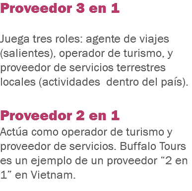 Proveedor 3 en 1 Juega tres roles: agente de viajes (salientes), operador de turismo, y proveedor de servicios terrestres locales (actividades dentro del país). Proveedor 2 en 1
Actúa como operador de turismo y proveedor de servicios. Buffalo Tours es un ejemplo de un proveedor “2 en 1” en Vietnam. 