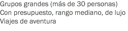 Grupos grandes (más de 30 personas)
Con presupuesto, rango mediano, de lujo
Viajes de aventura
