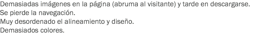 Demasiadas imágenes en la página (abruma al visitante) y tarde en descargarse.
Se pierde la navegación.
Muy desordenado el alineamiento y diseño.
Demasiados colores.