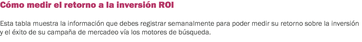 Cómo medir el retorno a la inversión ROI Esta tabla muestra la información que debes registrar semanalmente para poder medir su retorno sobre la inversión y el éxito de su campaña de mercadeo vía los motores de búsqueda.
