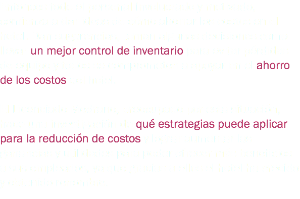 Entonces todo el personal involucrado y motivado, comienza a dar ideas de cómo ahorrar los costos en el hotel. Dan sugerencias, toman algunas decisiones como llevar un mejor control de inventario para evitar pérdidas de equipo y todos se comprometen a apoyar en el ahorro de los costos del hotel. El Licenciado Medrano, preocupado por esta situación, hace una investigación de qué estrategias puede aplicar para la reducción de costos y lograr aumentar las ganancias y utilidades para poder ofrecer más beneficios a sus empleados, ya que gracias a ellos el hotel ha crecido y obtenido renombre.
