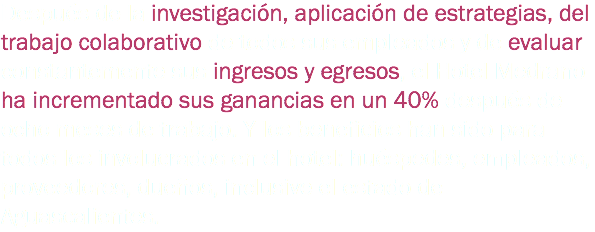 Después de la investigación, aplicación de estrategias, del trabajo colaborativo de todos sus empleados y de evaluar constantemente sus ingresos y egresos, el Hotel Medrano ha incrementado sus ganancias en un 40% después de ocho meses de trabajo. Y los beneficios han sido para todos los involucrados en el hotel: huéspedes, empleados, proveedores, dueños, inclusive el estado de Aguascalientes. 