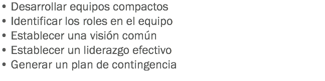 • Desarrollar equipos compactos
• Identificar los roles en el equipo
• Establecer una visión común
• Establecer un liderazgo efectivo
• Generar un plan de contingencia
