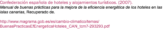 Confederación española de hoteles y alojamientos turísticos. (2007). Manual de buenas prácticas para la mejora de la eficiencia energética de los hoteles en las islas canarias, Recuperado de. http://www.magrama.gob.es/es/cambio-climatico/temas/BuenasPracticasEfEnergeticaHoteles_CAN_tcm7-293293.pdf