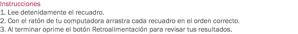 Instrucciones
1. Lee detenidamente el recuadro.
2. Con el ratón de tu computadora arrastra cada recuadro en el orden correcto.
3. Al terminar oprime el botón Retroalimentación para revisar tus resultados.