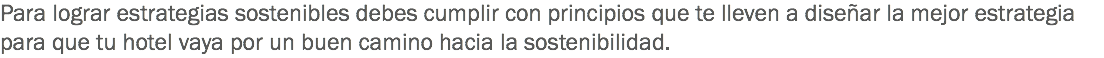 Para lograr estrategias sostenibles debes cumplir con principios que te lleven a diseñar la mejor estrategia para que tu hotel vaya por un buen camino hacia la sostenibilidad. 