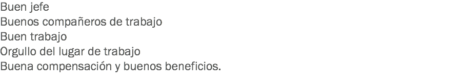 Buen jefe
Buenos compañeros de trabajo Buen trabajo
Orgullo del lugar de trabajo
Buena compensación y buenos beneficios.
