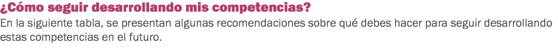 ¿Cómo seguir desarrollando mis competencias?
En la siguiente tabla, se presentan algunas recomendaciones sobre qué debes hacer para seguir desarrollando estas competencias en el futuro.
