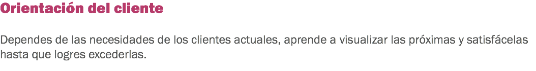 Orientación del cliente Dependes de las necesidades de los clientes actuales, aprende a visualizar las próximas y satisfácelas hasta que logres excederlas.
