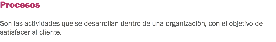 Procesos Son las actividades que se desarrollan dentro de una organización, con el objetivo de satisfacer al cliente.
